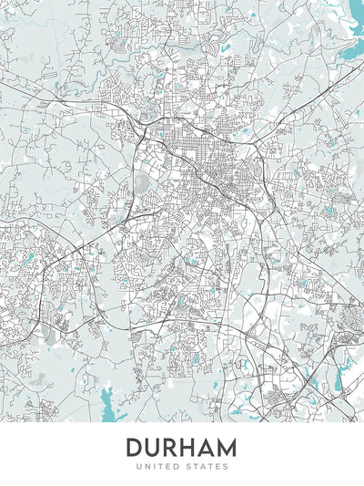 Mapa moderno de la ciudad de Durham, Carolina del Norte: Universidad de Duke, campus de American Tobacco, centro de la ciudad, Museo de Arte de Carolina del Norte, autopista 147 de Carolina del Norte