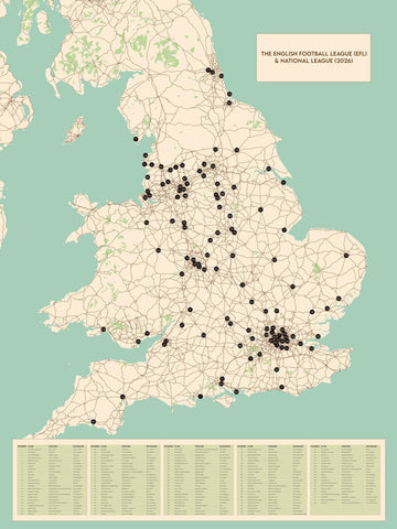 La Ligue anglaise de football (EFL) et la National League (2026) : les 116 clubs, stades et surnoms cartographiés 