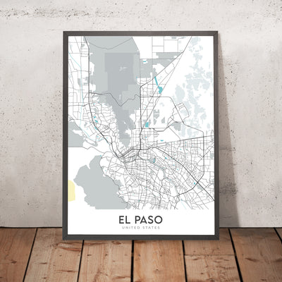 Plan de la ville moderne d'El Paso, Texas : centre-ville, UTEP, Franklin Mountains, I-10, US-54