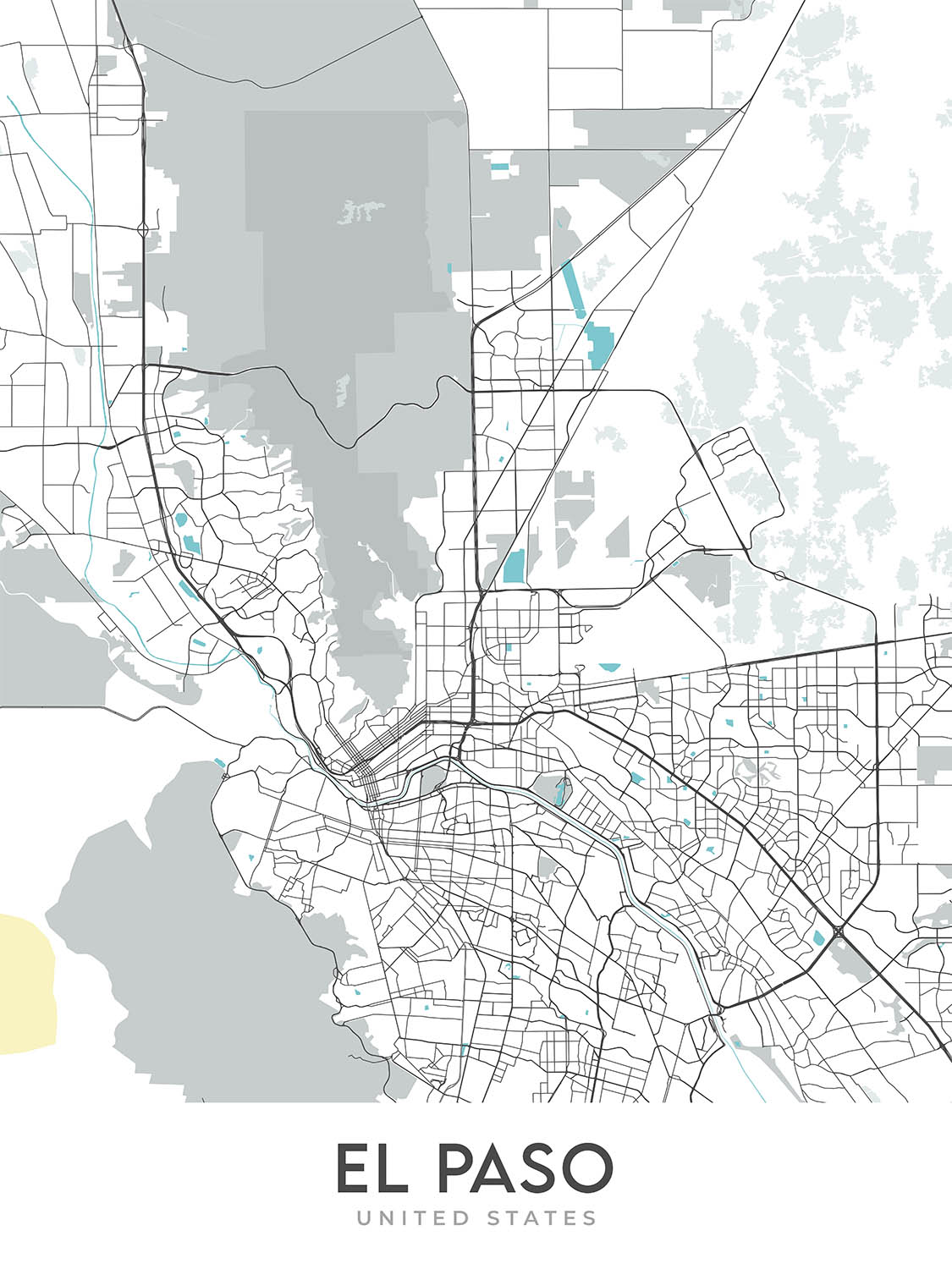 Moderner Stadtplan von El Paso, TX: Innenstadt, UTEP, Franklin Mountains, I-10, US-54