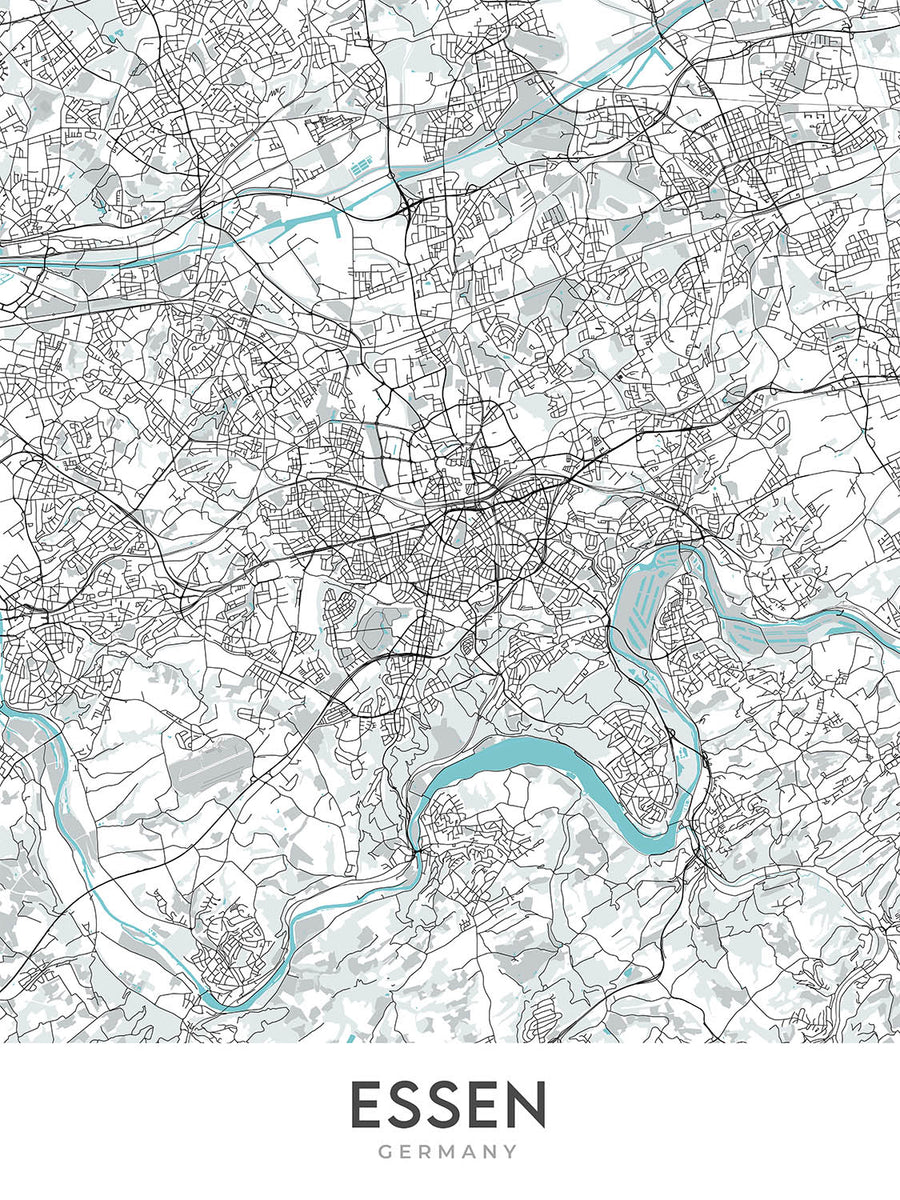 Moderne Stadtkarte von Essen, Deutschland: Baldeneysee, Folkwang Museum, A40, Philharmonie Essen, Stadtkern 