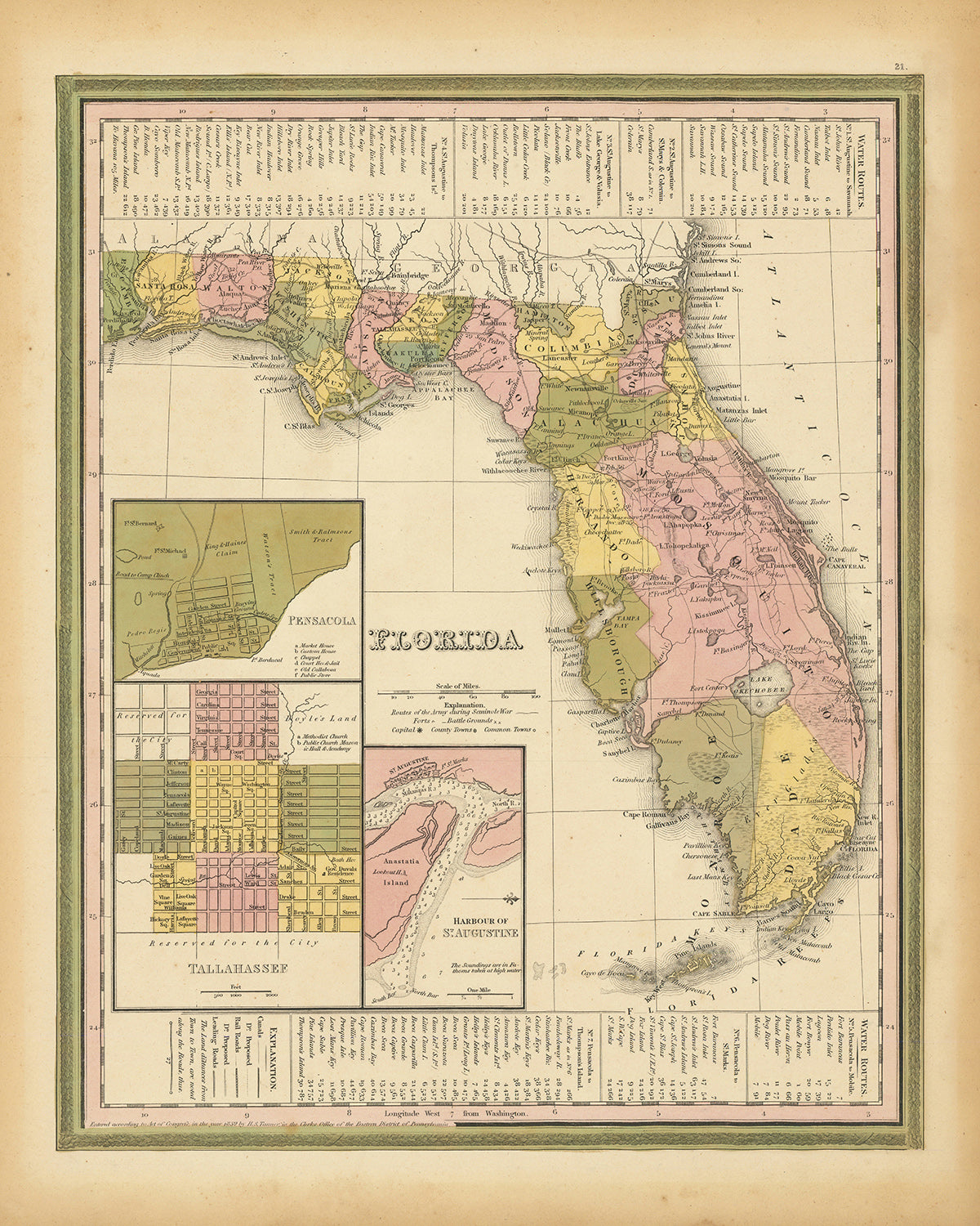Old Map of Florida by H.S. Tanner, 1839: Miami, Tampa, Orlando, St. Petersburg, Jacksonville, Cayo Lago, Keys