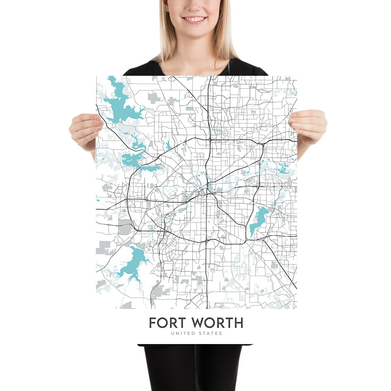 Moderner Stadtplan von Fort Worth, TX: Stockyards, Sundance Sq, TCU, Downtown, Will Rogers