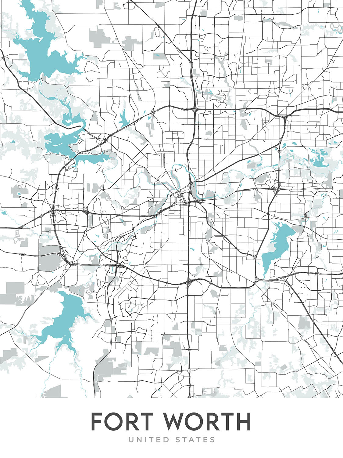 Moderner Stadtplan von Fort Worth, TX: Stockyards, Sundance Sq, TCU, Downtown, Will Rogers