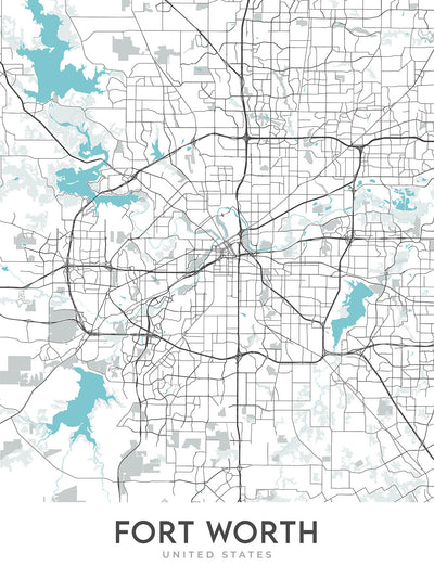 Modern City Map of Fort Worth, TX: Stockyards, Sundance Sq, TCU, Downtown, Will Rogers