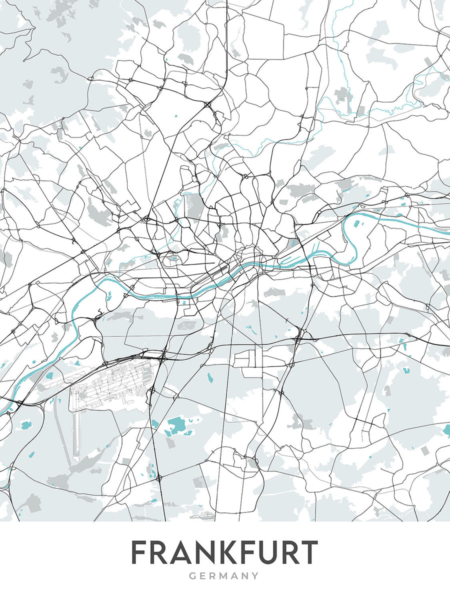 Mapa moderno de la ciudad de Frankfurt, Alemania: Bahnhofsviertel, Torre Commerzbank, Catedral de Frankfurt, Río Meno, Sachsenhausen