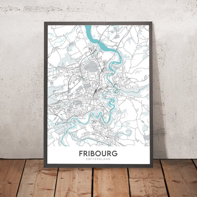 Moderner Stadtplan von Freiburg, Schweiz: Altstadt, Cathédrale Saint-Pierre, Jet d'Eau, Palais des Nations, Parc des Eaux-Vives