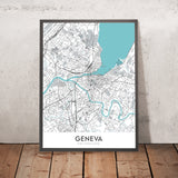 Moderne Stadtkarte von Genf, Schweiz: Jet d'Eau, Palais des Nations, CERN, Genfersee, Altstadt 