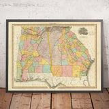 Ancienne carte de la Géorgie et de l'Alabama par H. S. Tanner, 1820 : Atlanta, Savannah, Augusta, Columbus (GA) et Montgomery 