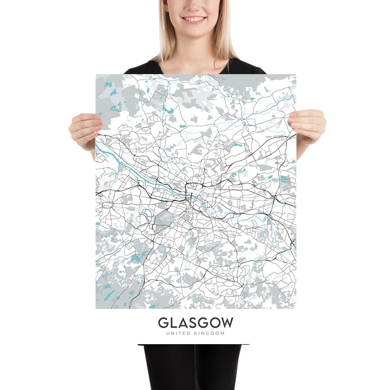 Mapa moderno de la ciudad de Glasgow, Reino Unido: catedral, universidad, necrópolis, verde, centro de ciencias