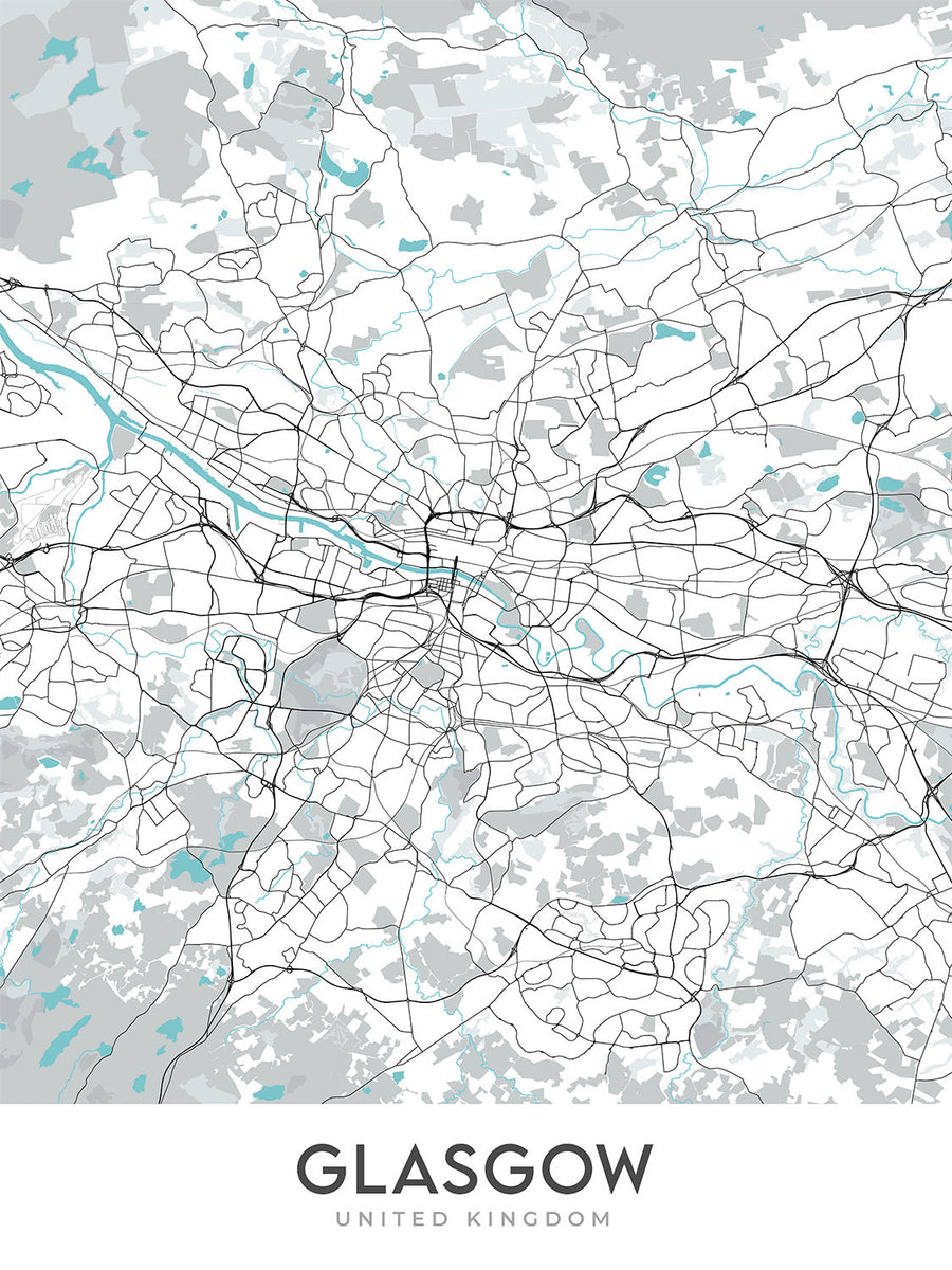 Mapa moderno de la ciudad de Glasgow, Reino Unido: catedral, universidad, necrópolis, verde, centro de ciencias