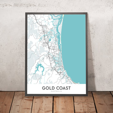 Moderne Stadtkarte der Gold Coast, Australien: Surfers Paradise, Broadbeach, Sea World, Dreamworld, Pacific Motorway 