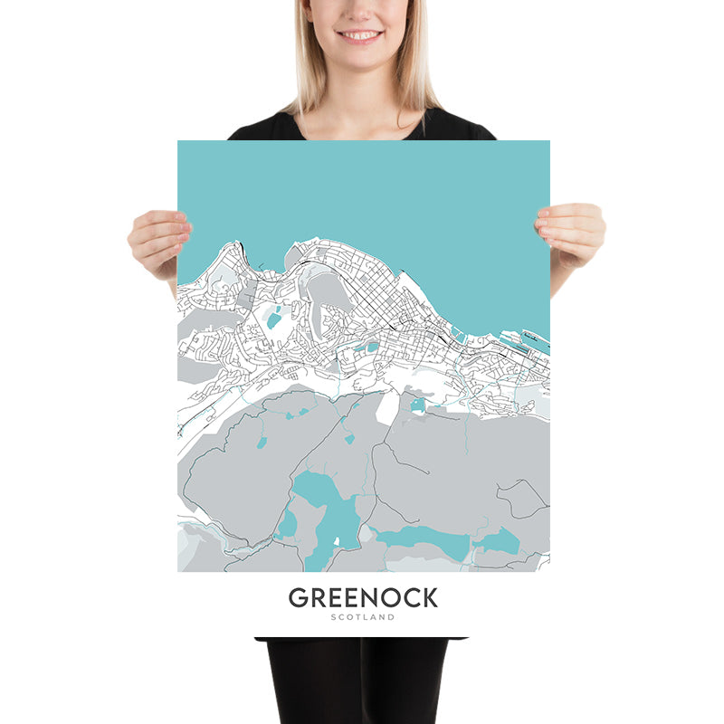 Mappa moderna della città di Greenock, Scozia: Centro città, Lyle Hill, A78, Custom House, Battery Park 