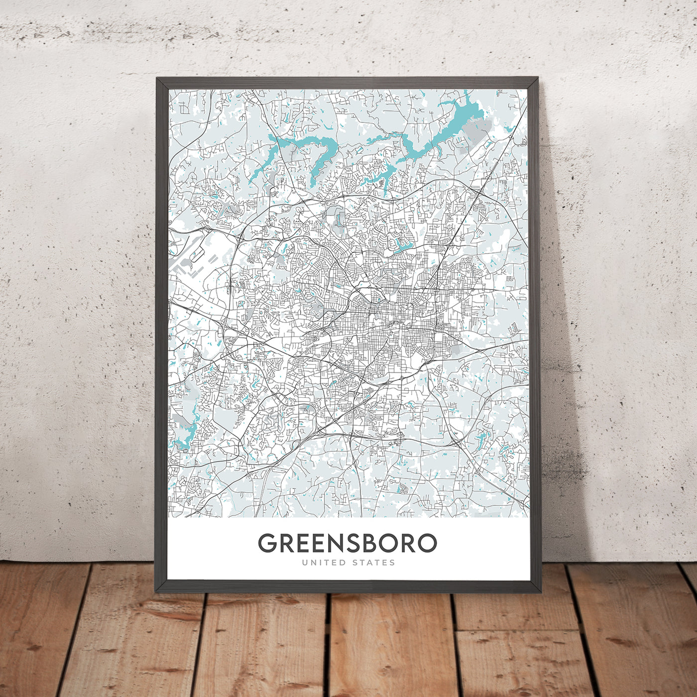 Mapa moderno de la ciudad de Greensboro, Carolina del Norte: centro, coliseo, universidad, I-40, I-85
