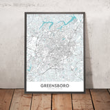 Plan de la ville moderne de Greensboro, Caroline du Nord : centre-ville, Colisée, université, I-40, I-85