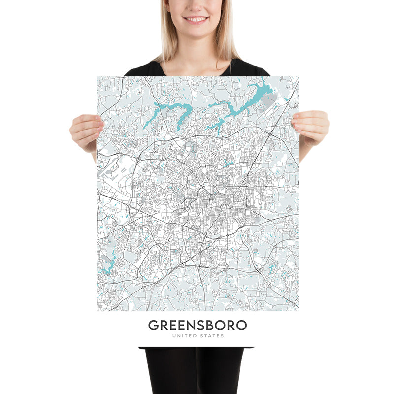 Plan de la ville moderne de Greensboro, Caroline du Nord : centre-ville, Colisée, université, I-40, I-85