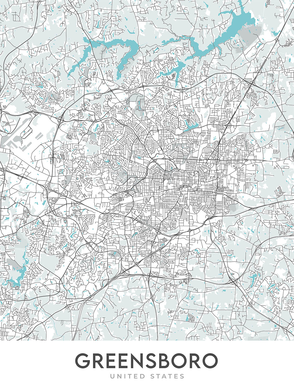 Mapa moderno de la ciudad de Greensboro, Carolina del Norte: centro, coliseo, universidad, I-40, I-85