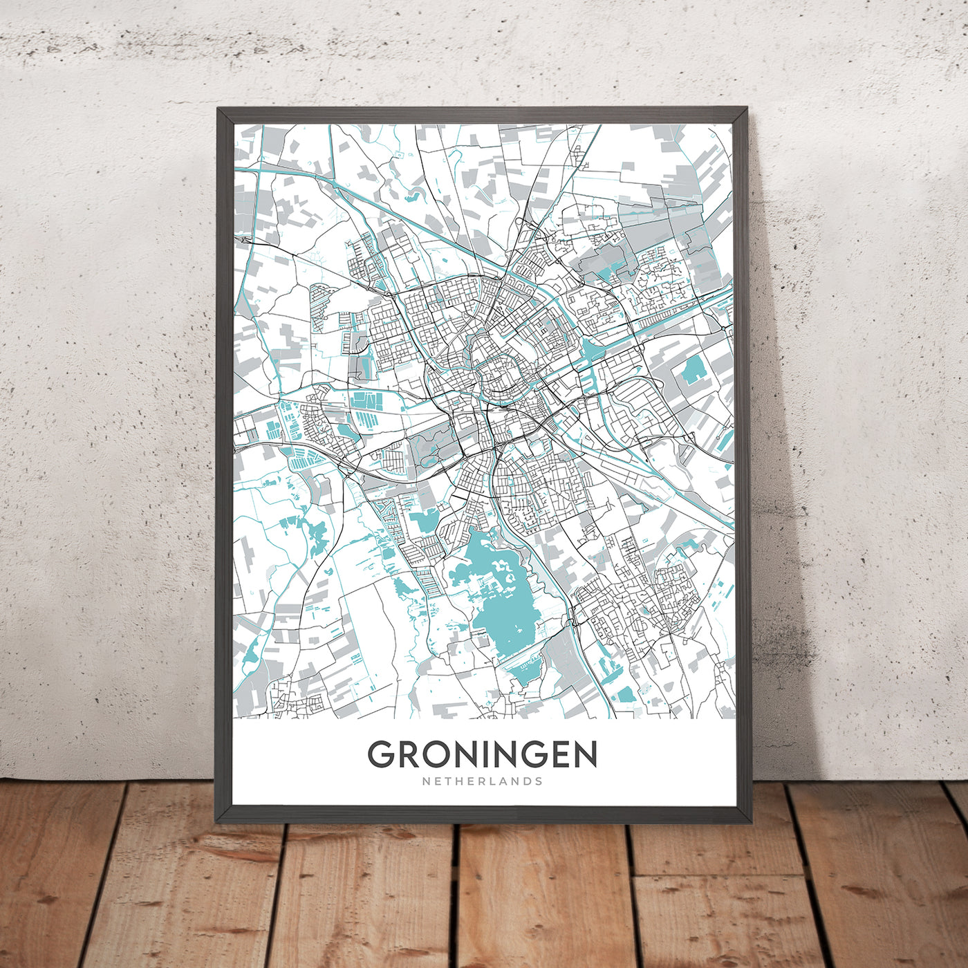 Mapa moderno de la ciudad de Groningen, Países Bajos: universidad, museo, torre, canal, parque