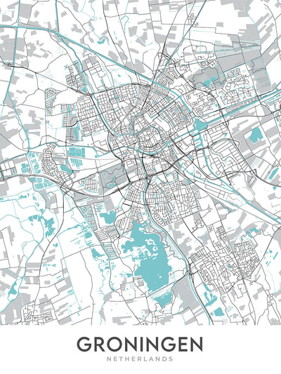 Plan de la ville moderne de Groningue, Pays-Bas : université, musée, tour, canal, parc