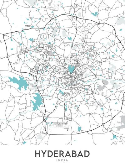 Mapa moderno de la ciudad de Hyderabad, India: Banjara Hills, HITEC City, Hussain Sagar, KBR Park, Old Mumbai Hwy