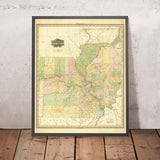 Ancienne carte de l'Illinois et du Missouri par H. S. Tanner, 1820 : Chicago, Springfield, Peoria, Columbia et St. Louis 