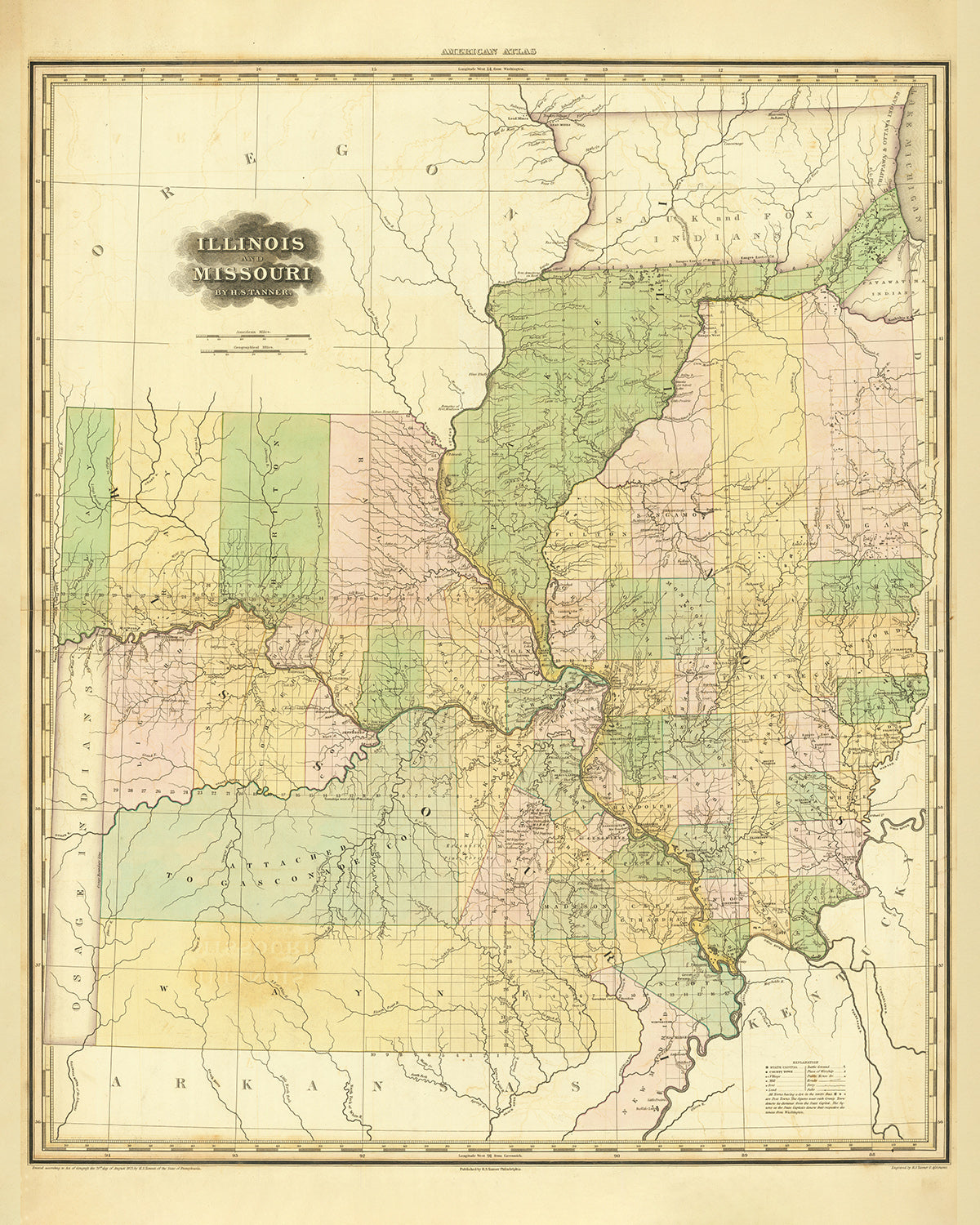 Old Map of Illinois and Missouri by H. S. Tanner, 1820: Chicago, Springfield, Peoria, Columbia, and St. Louis