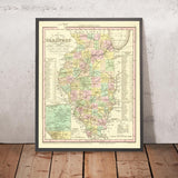 Ancienne carte de l'Illinois par H. S. Tanner, 1836 : Chicago, Aurora, Rockford, Joliet, Naperville, routes, chemins de fer, canaux