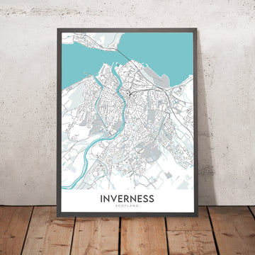 Mappa della città moderna di Inverness, Scozia: Centro città, Fiume Ness, A82, Castello di Inverness, Isole Ness 
