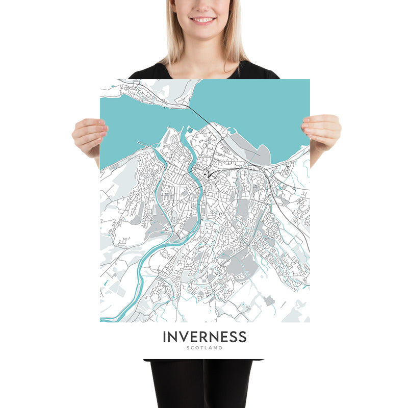 Modern City Map of Inverness, Scotland: City Centre, River Ness, A82 ...