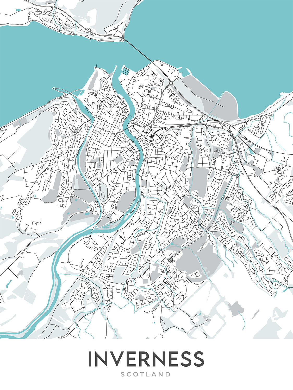 Modern City Map of Inverness, Scotland: City Centre, River Ness, A82 ...