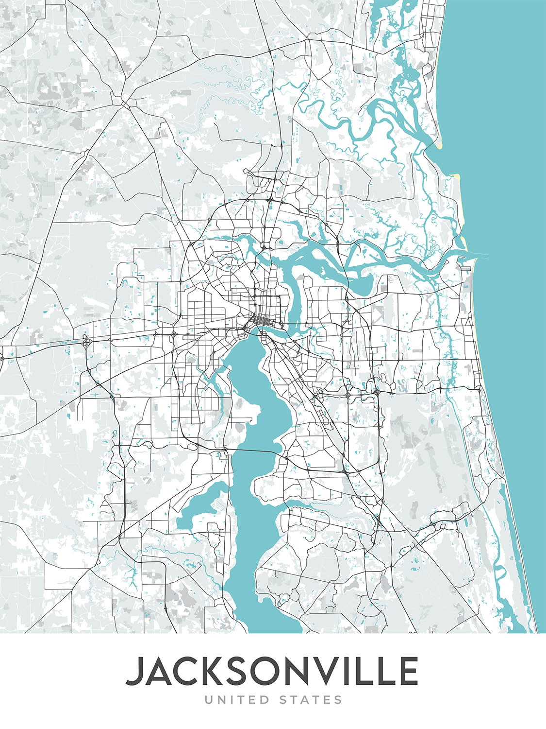 Moderner Stadtplan von Jacksonville, FL: Riverside, Springfield, San Marco, I-95, I-295