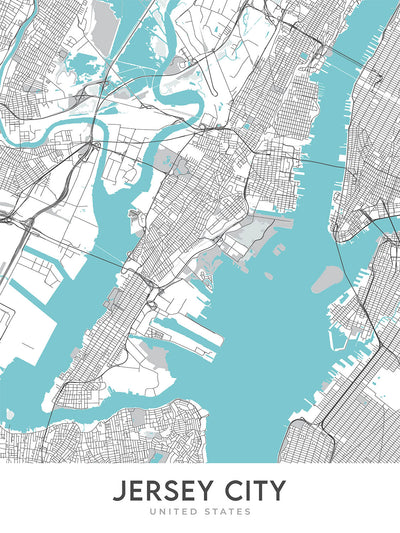 Mapa moderno de la ciudad de Jersey City, Nueva Jersey: Bergen-Lafayette, Liberty State Park, Estatua de la Libertad, Journal Square, Exchange Place