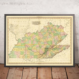 Old Map of Kentucky and Tennessee by H.S. Tanner, 1820, featuring Nashville, Louisville, Lexington, Knoxville, and Chattanooga