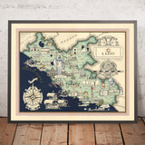 Antiguo mapa pictórico de Lacio por De Agostini, 1938: Roma, Coliseo, Foro Romano, Panteón, Parque Nacional Circeo