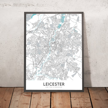 Mappa della città moderna di Leicester, Regno Unito: Centro città, Università, Cattedrale, Castello, Centro spaziale 