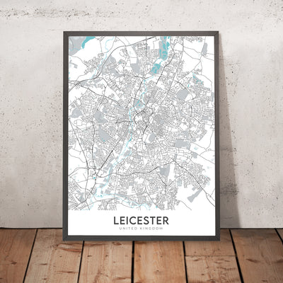 Moderner Stadtplan von Leicester, Großbritannien: Stadtzentrum, Universität, Kathedrale, Schloss, Raumfahrtzentrum