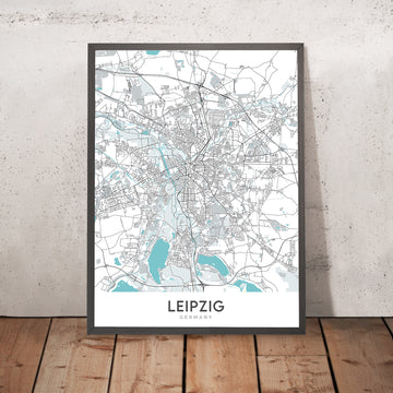 Mappa moderna della città di Lipsia, Germania: Centro, Stazione Centrale di Lipsia, Autostrada Federale 9, Università di Lipsia, Chiesa di San Tommaso 