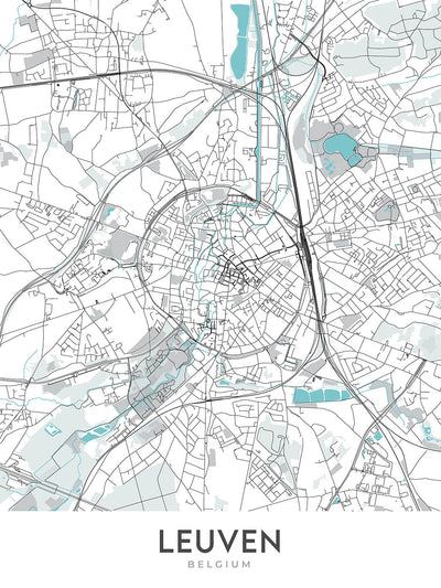 Mapa moderno de la ciudad de Lovaina, Bélgica: Ayuntamiento, Universidad, Jardín Botánico, E40, A2
