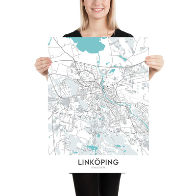 Plan de la ville moderne de Linköping, Suède : cathédrale, château, université, E4, Stångebro