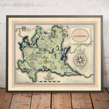 Vecchia mappa della Lombardia di De Agostini, 1938: Milano, Bergamo, Brescia, Lago di Como, Parco Nazionale dello Stelvio 