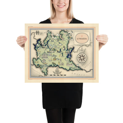 Alte Karte der Lombardei von De Agostini, 1938: Mailand, Bergamo, Brescia, Comer See, Nationalpark Stilfserjoch