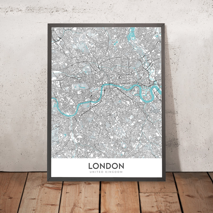 Mapa moderno de la ciudad de Londres, Reino Unido: Westminster, Palacio de Buckingham, Torre de Londres, Río Támesis, Catedral de San Pablo