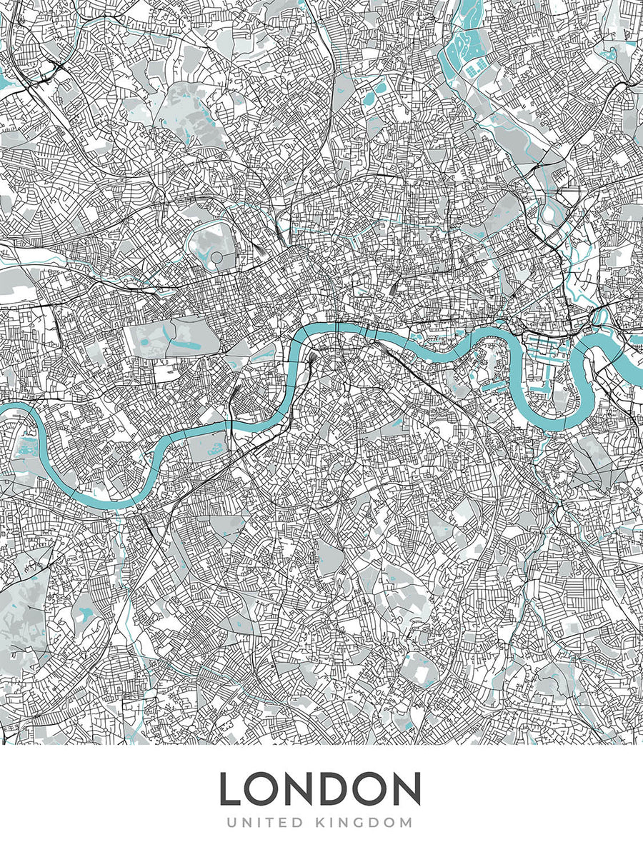 Mapa moderno de la ciudad de Londres, Reino Unido: Westminster, Palacio de Buckingham, Torre de Londres, Río Támesis, Catedral de San Pablo