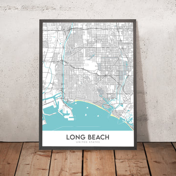 Mapa moderno de la ciudad de Long Beach, CA: centro, acuario, Pike Outlets, Queen Mary, Shoreline Village