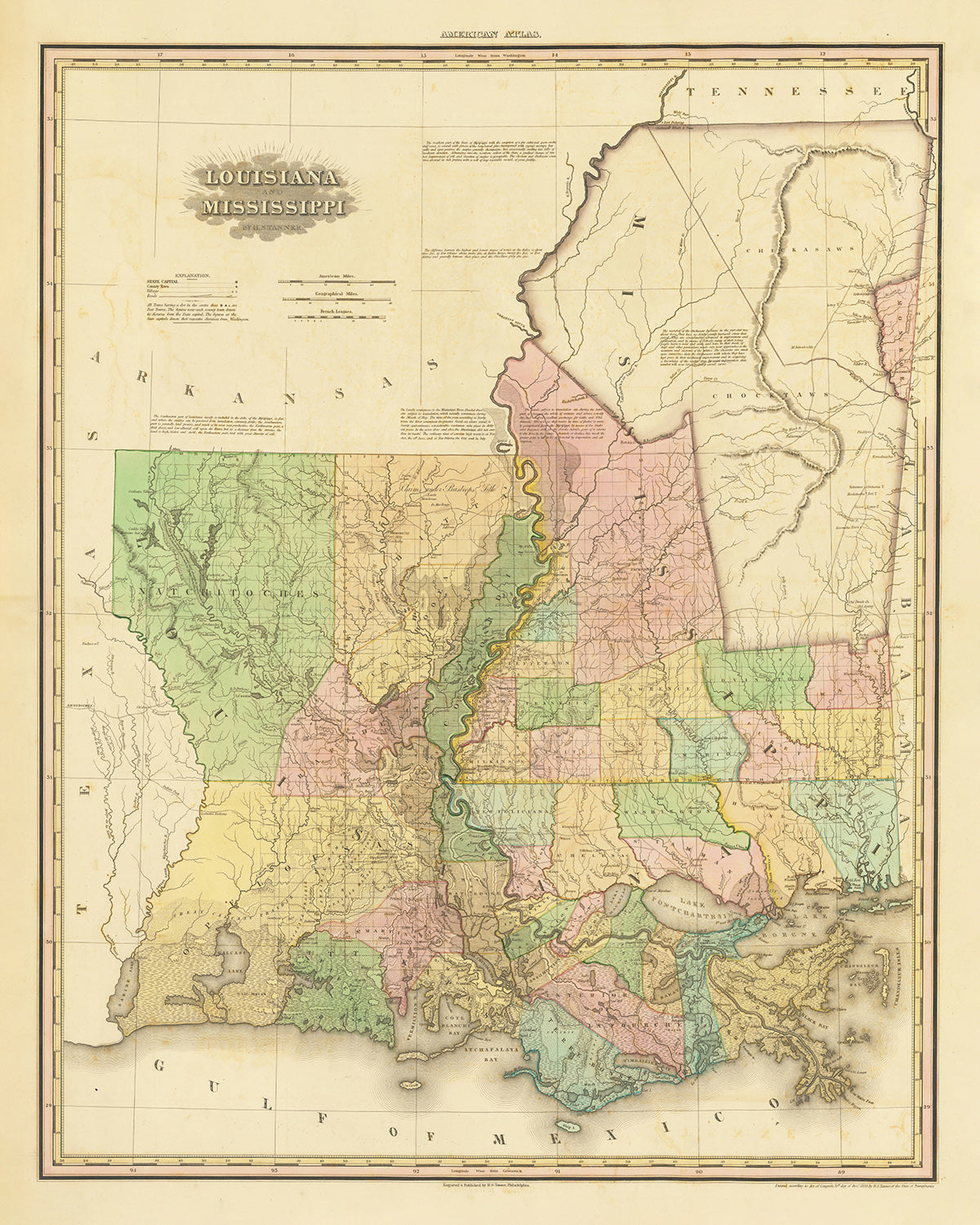Old Map of Louisiana and Mississippi by H. S. Tanner, 1820: New Orleans, Baton Rouge, Jackson, Gulfport, and Lafayette