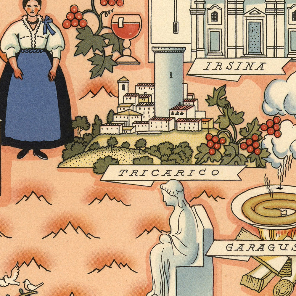 Ancienne carte picturale de la Lucanie par De Agostini, 1938 : Potenza, Matera, Parc national du Pollino, Sassi di Matera, Castel del Monte