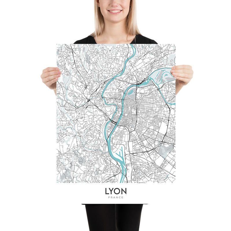 Mapa moderno de la ciudad de Lyon, Francia: Croix-Rousse, Notre-Dame, Parc de la Tête d&