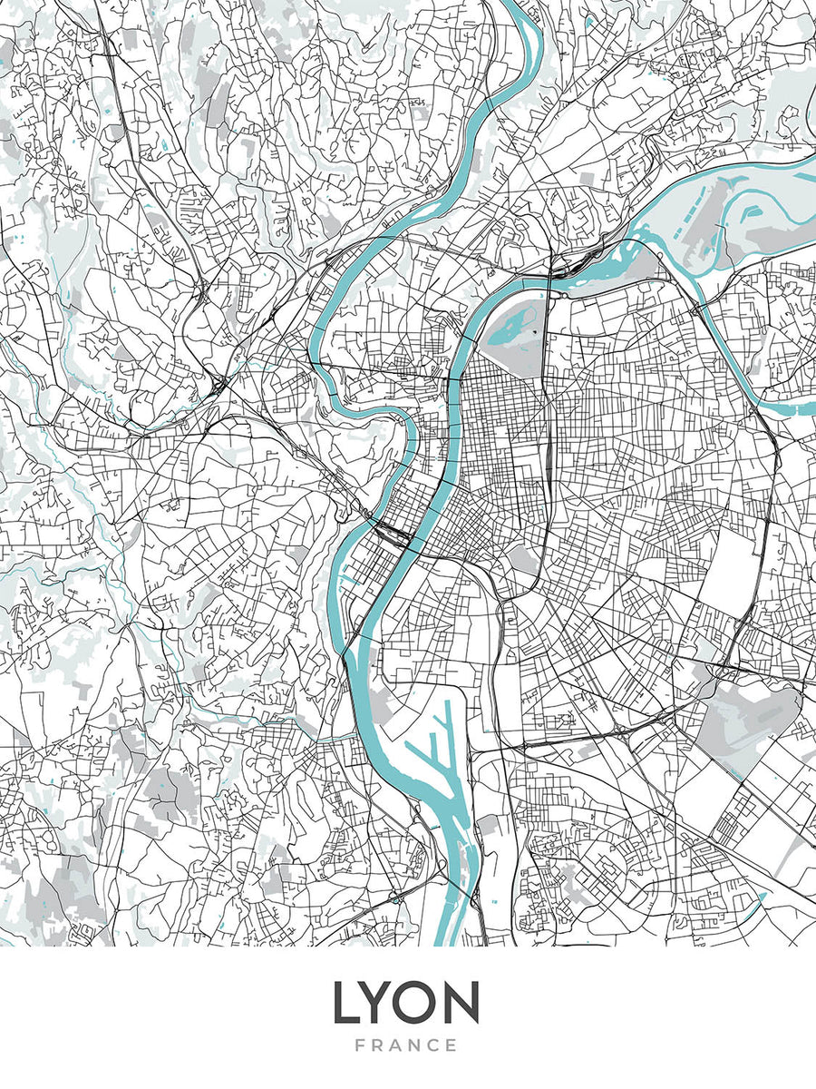 Mapa moderno de la ciudad de Lyon, Francia: Croix-Rousse, Notre-Dame, Parc de la Tête d&