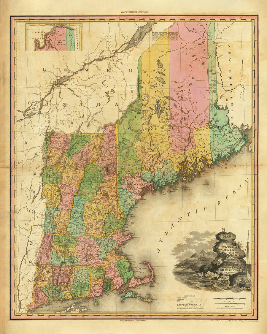 Antica mappa del New England di H. S. Tanner, 1820 - Boston, Providence, Hartford, Portland, Worcester 