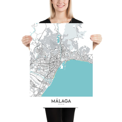 Plan de la ville moderne de Malaga, Espagne : cathédrale, théâtre romain, château de Gibralfaro, quartier historique, quartier des affaires moderne